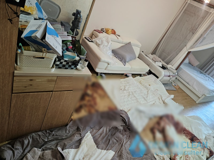 거실 바닥과 수납장 주변 오염 범위 확인