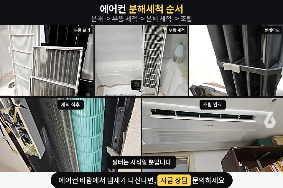 에어컨 분해세척 순서 요약 — 분해, 부품 세척, 본체 세척, 조립